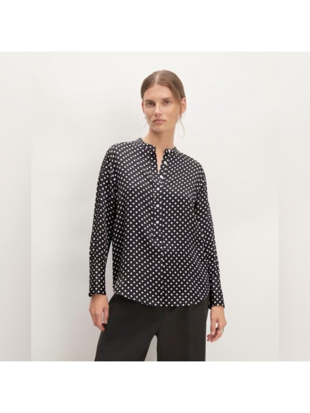 Everlane Hammered Satin Polka Dot Popover Blouse Black White Size 14
